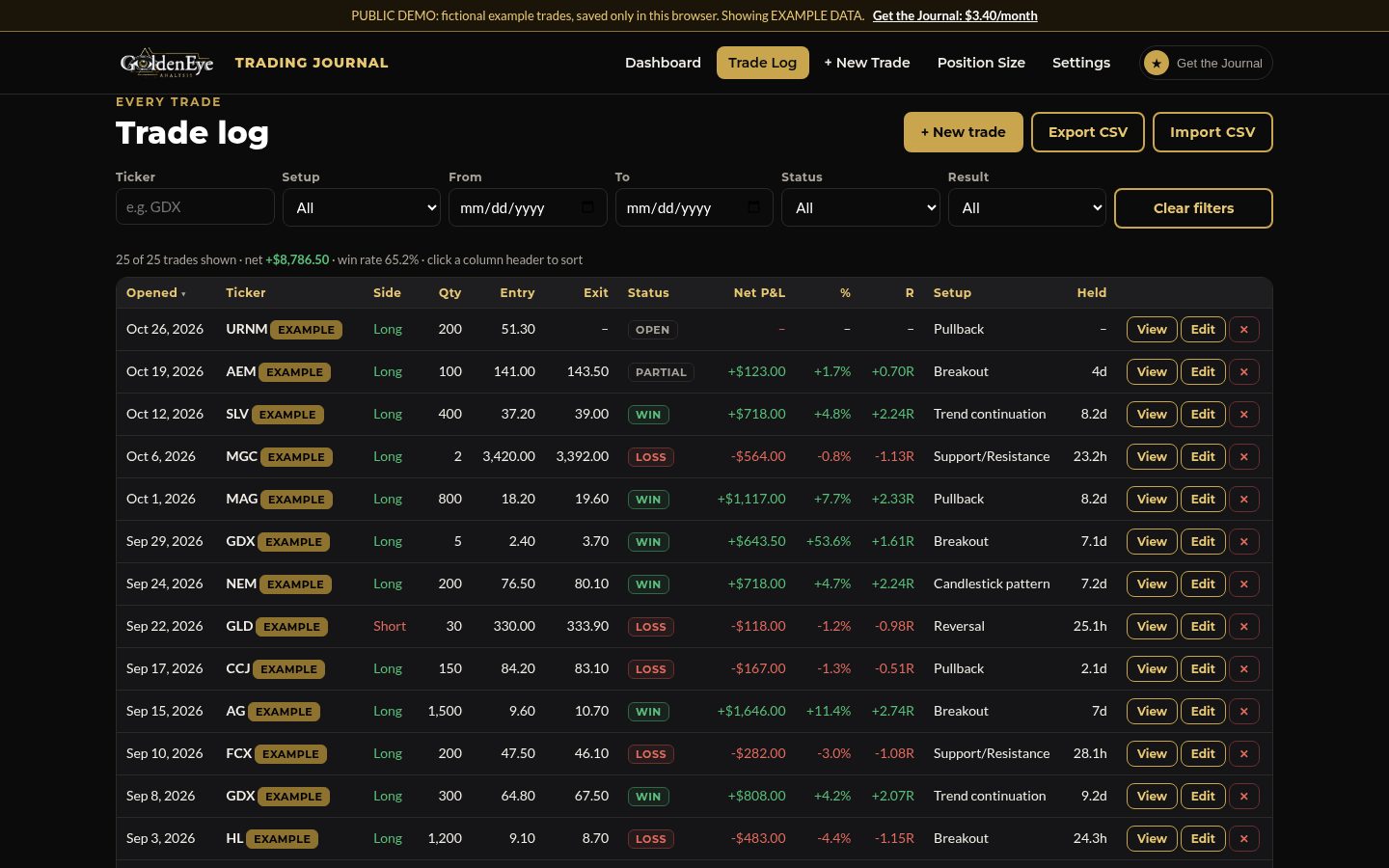 Trade log with filters and sortable columns