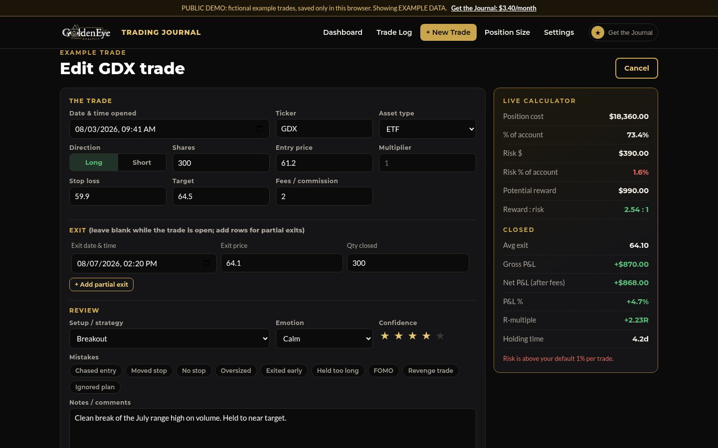 Trade entry form with live calculator